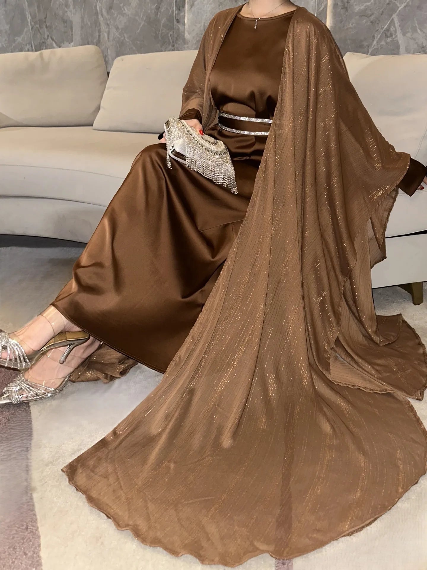 Eid Dress Suit Open Abaya Women Cardigan Dresses 2 Piece Set Jalabiya Muslim Ramadan Dubai Kaftan Party Vestidos Robe Morocco