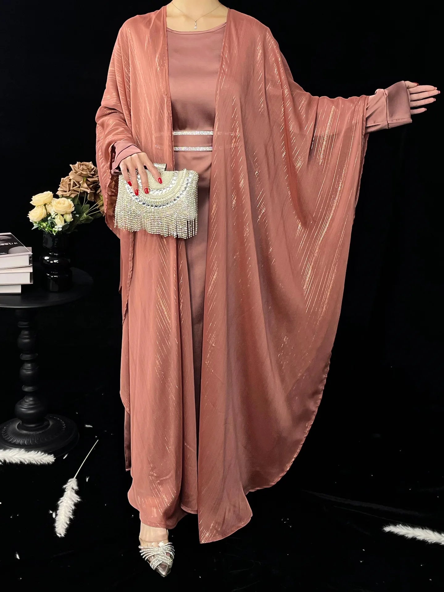 Eid Dress Suit Open Abaya Women Cardigan Dresses 2 Piece Set Jalabiya Muslim Ramadan Dubai Kaftan Party Vestidos Robe Morocco